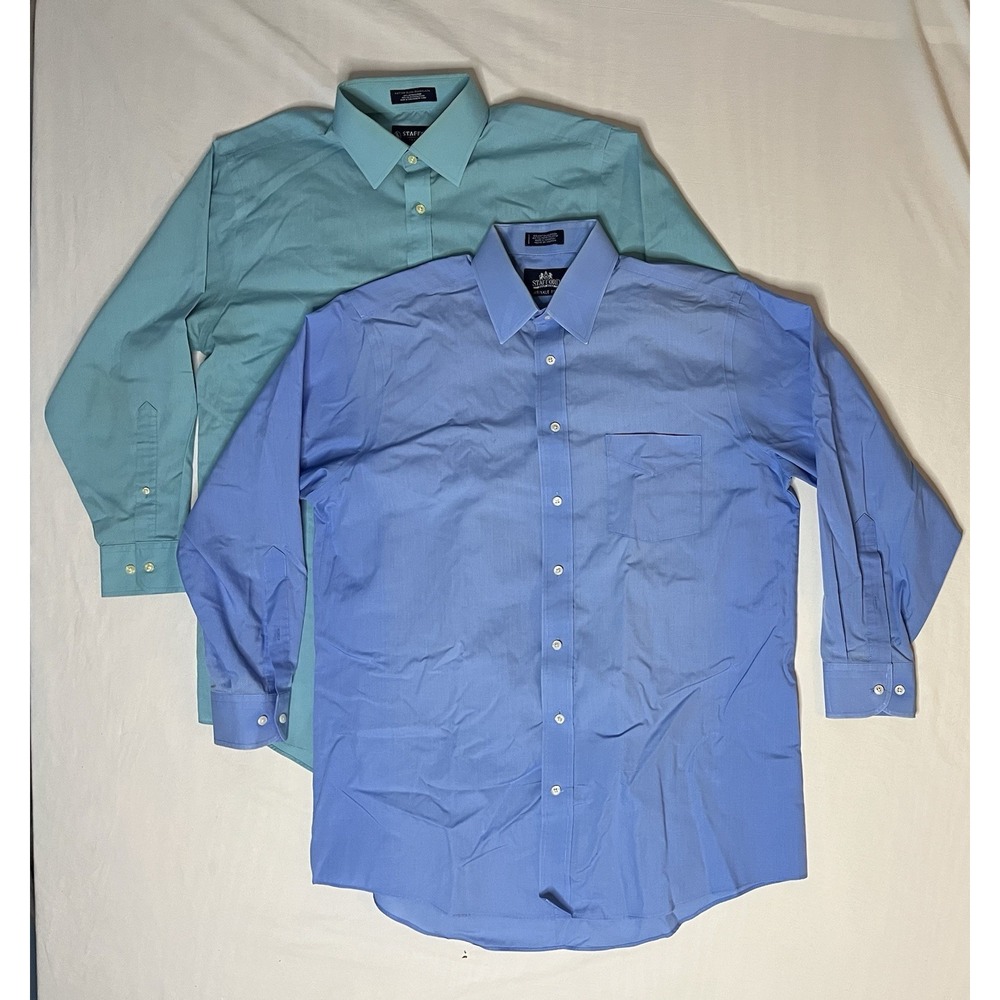 Stafford Oxford Sress Shirts Men's 16.5 32/33 Blue Green Long Sleeve Button Up